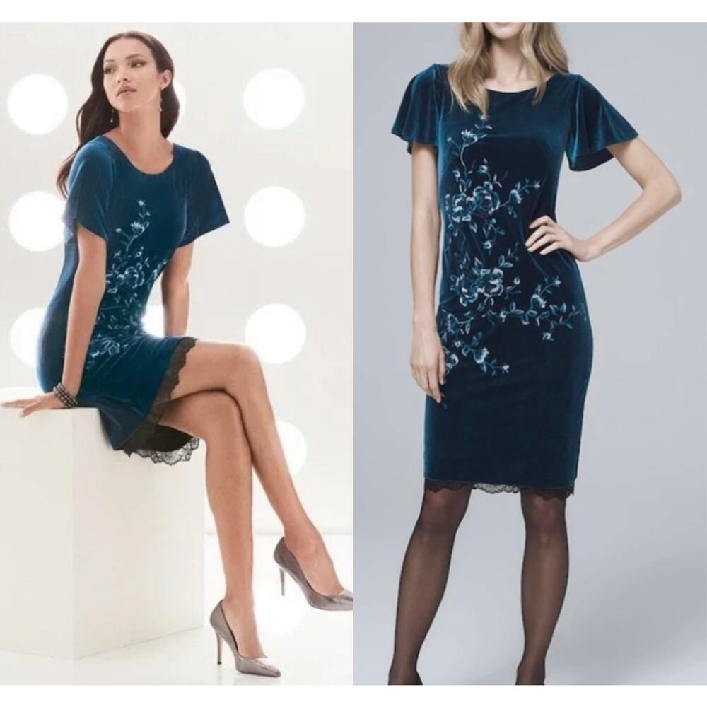 🔥NWOT White House Black Market Velvet Embroidered Romantic Teal Dress Size XS-S